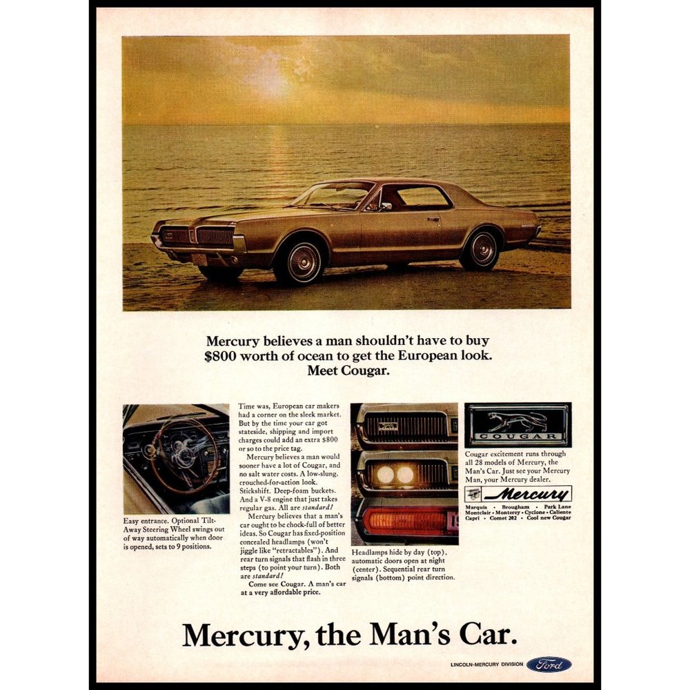 1967 Mercury Cougar Coupe Vintage Print Ad Man's Car Sexist Beach Wall Art